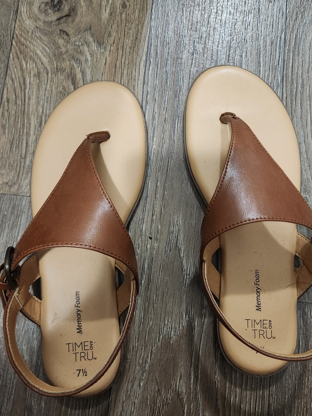 Time and Tru Brown Leather-Look Thong Sandals with Ankle Strap